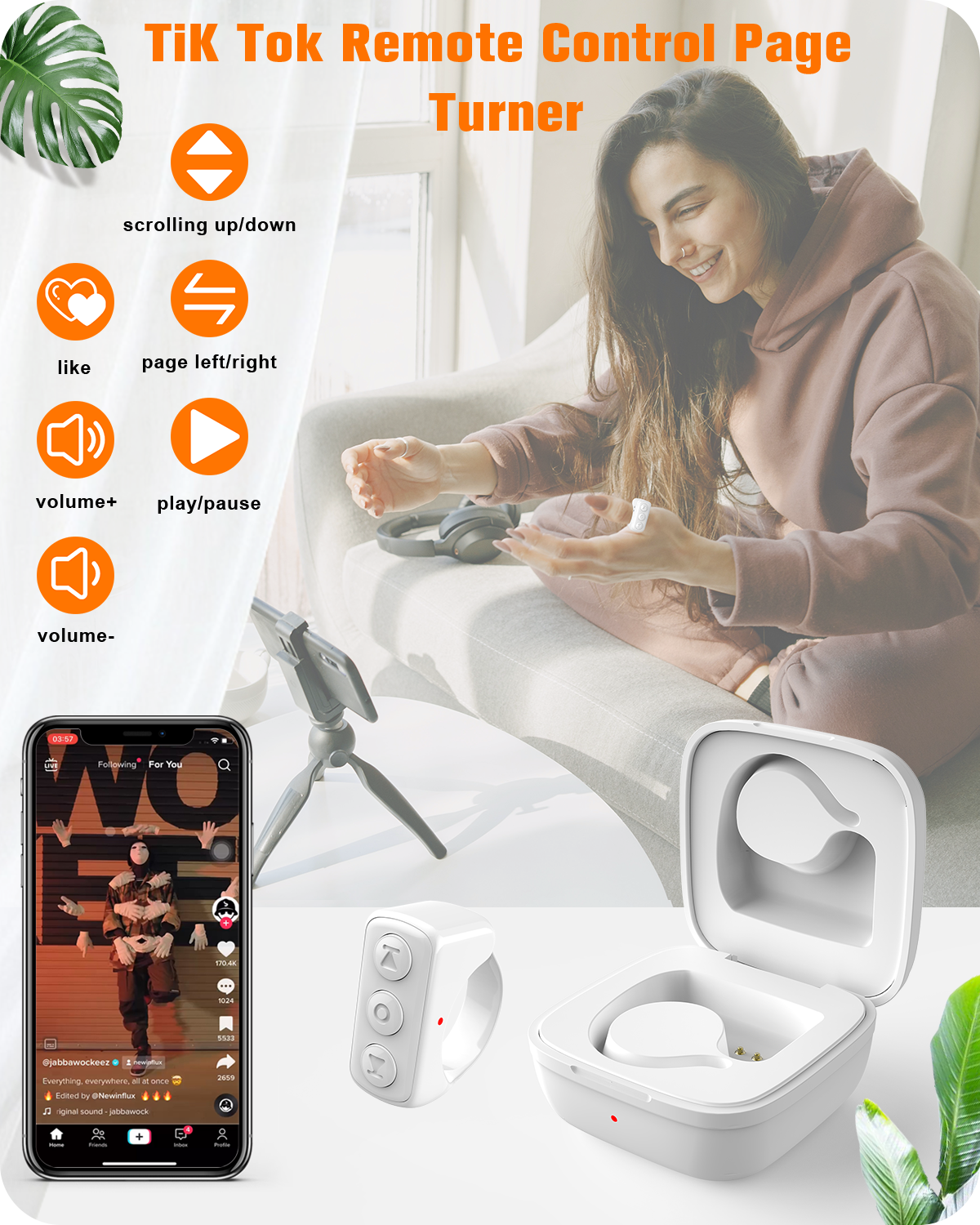 TikTok Remote Control, Wireless Controller, Camera Shutter Release for Smartphone, TiK Tok Scrolling Ring for iPhone iPad iOS Android
