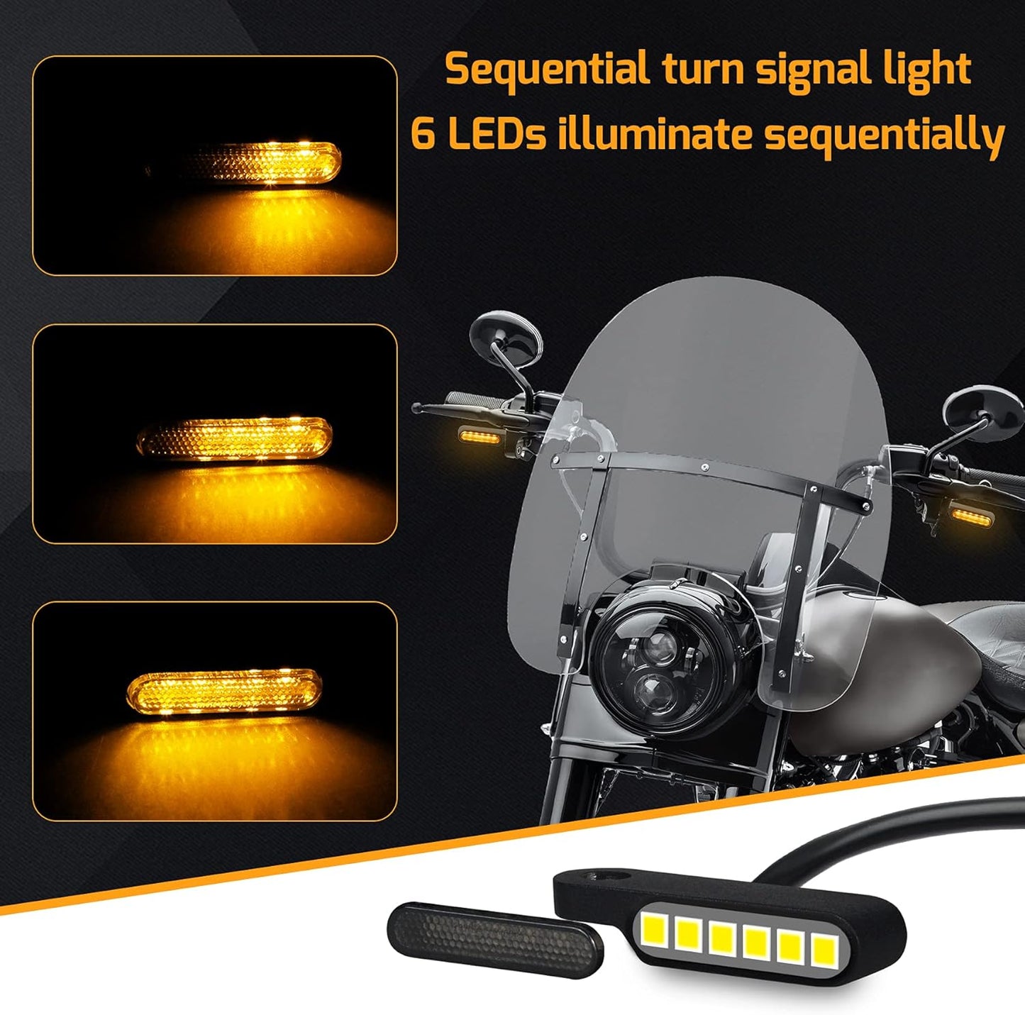 Sequential Amber LED Front Turn Signals Universal Motorcycle Blinkers Compatible with Honda Harley Suzuki Kawasaki Yamaha